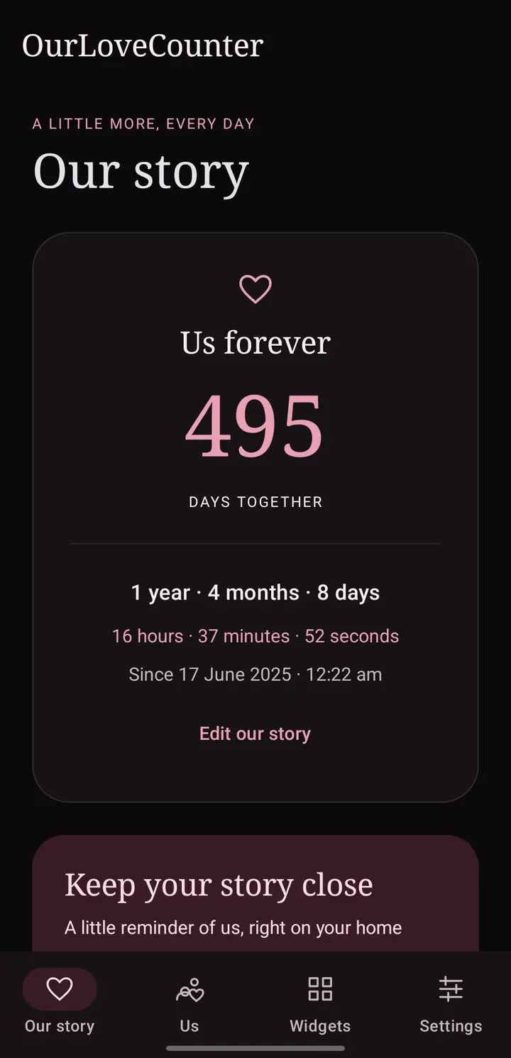 OurLoveCounter's Our story screen showing 495 days together